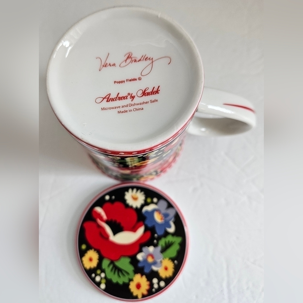 VERA BRADLEY POPPY FIELDS COFFEE MUG WITH LID RED BLACK BLUE - Picture 7 of 8